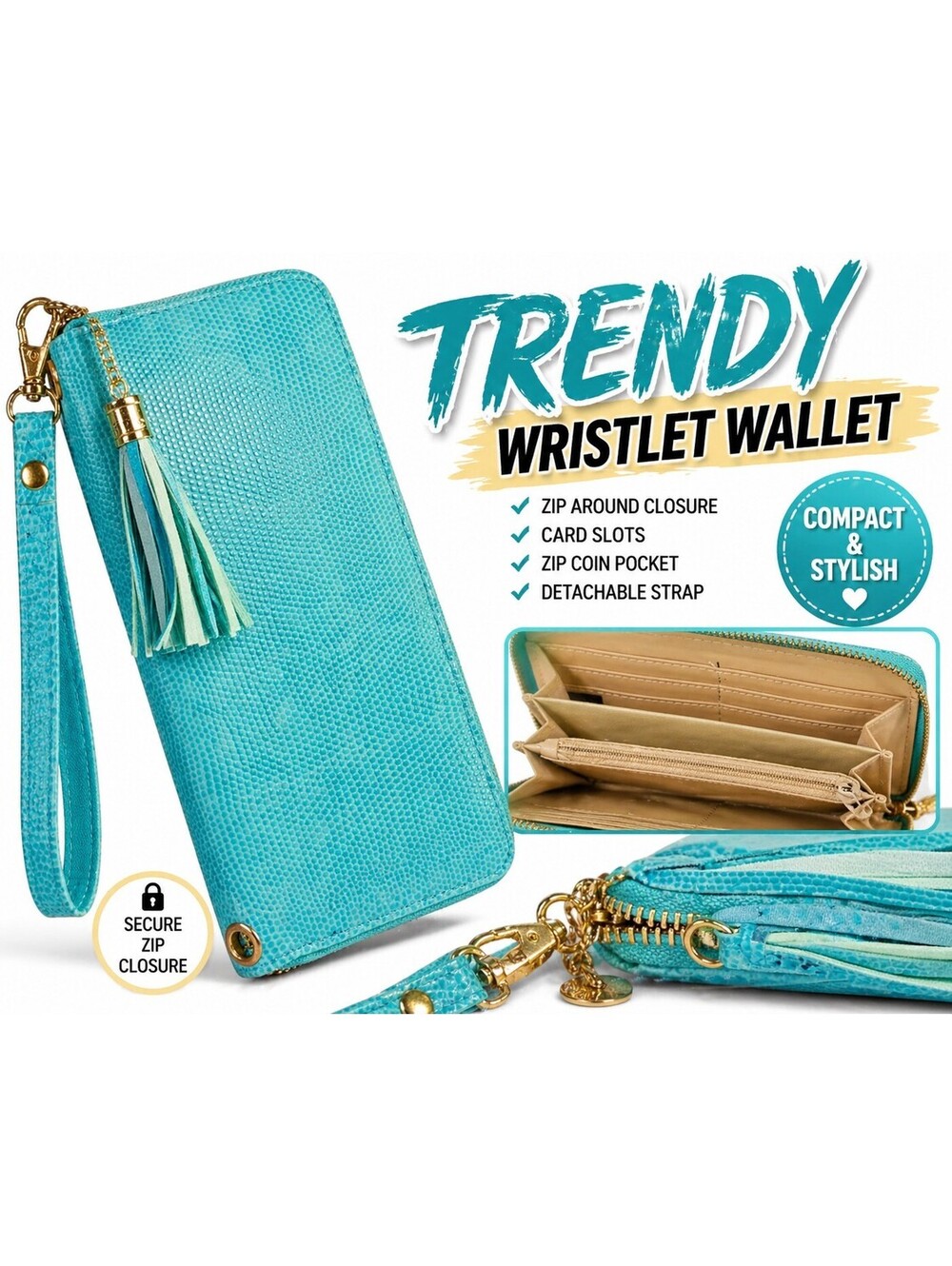 Turquoise Zip Around Wristlet Wallet Faux Leather Lizard Texture Tassel Gold Zip